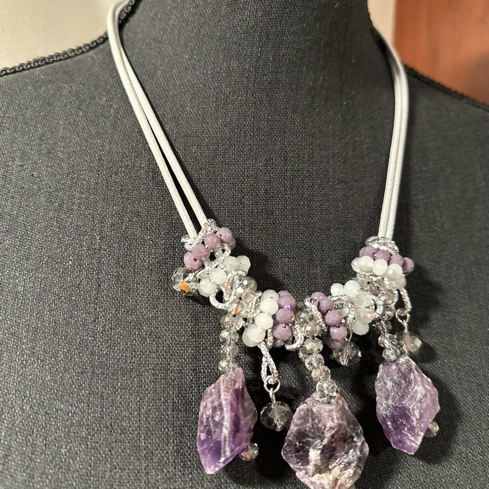 Chunky Raw Amethyst Necklace Three Large Pendants & Crystal Glass Round Beads - Picture 6 of 16